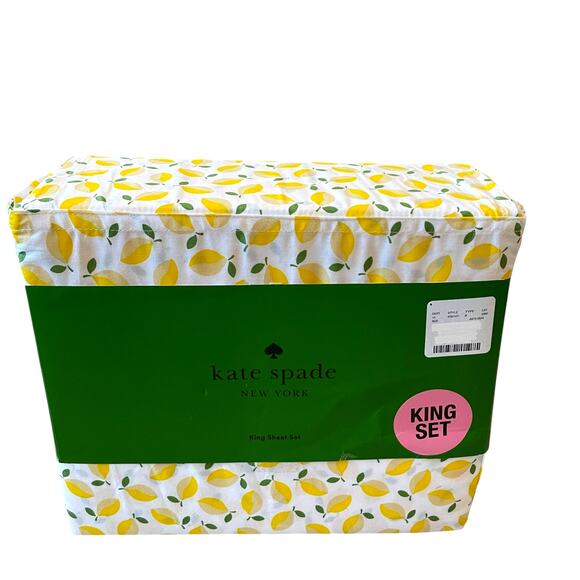 Kate Spade King Sheet Set 4pc Yellow Lemons on White 100% Cotton New - Picture 7 of 10